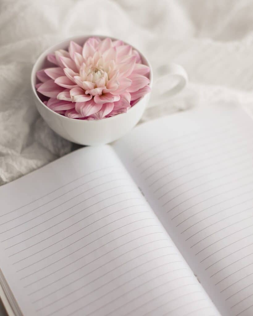 picture of how to start journaling with a notebook and a pink flower in a white teacup.